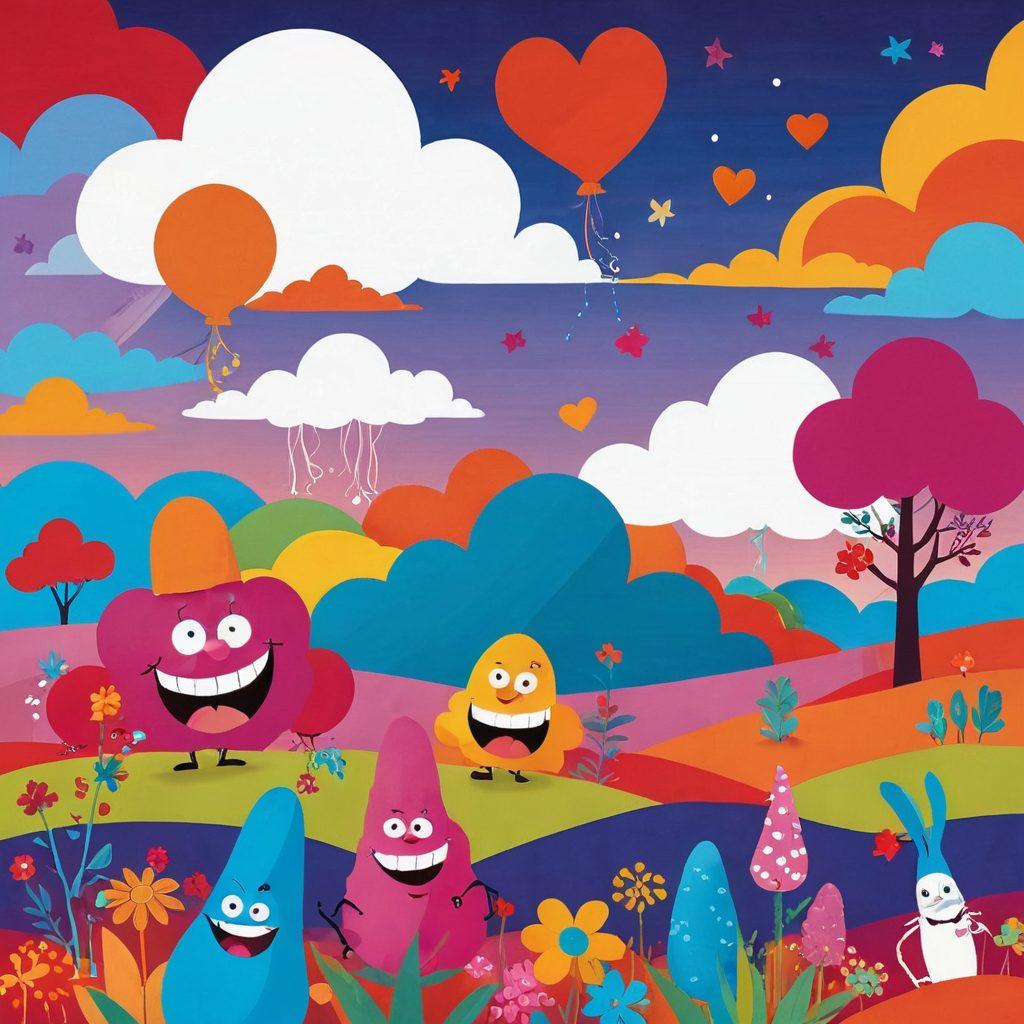 A playful and whimsical scene featuring cartoonish characters laughing heartily in a colorful, surreal landscape, with comedic elements such as oversized, cheeky feces-shaped clouds and vibrant prop flowers shaped like whoopee cushions. The humor should be lighthearted and quirky, capturing the essence of risque jokes in a fun manner. A warm color palette to enhance the joyous atmosphere. vector art. vibrant colors.