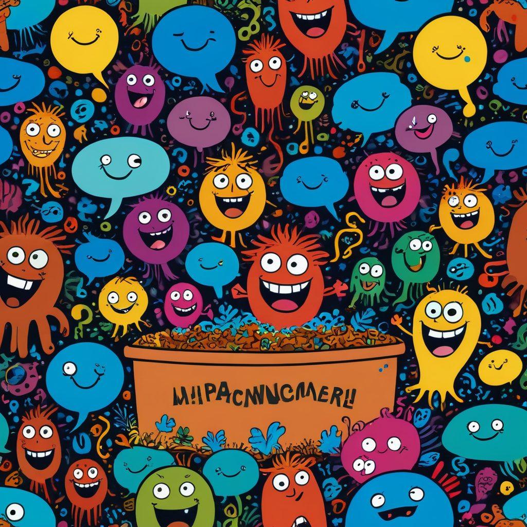 A whimsical cartoon scene featuring a comedy stage with a playful manure pile as the centerpiece, where cheerful characters are performing stand-up comedy. Laughter bubbles up around the scene, and cartoon-style speech bubbles are filled with jestful puns. The background is vibrant and colorful, filled with exaggerated expressions of audience members enjoying the show. The overall theme combines humor and satire with a touch of silliness. cartoonish art style. bright colors.