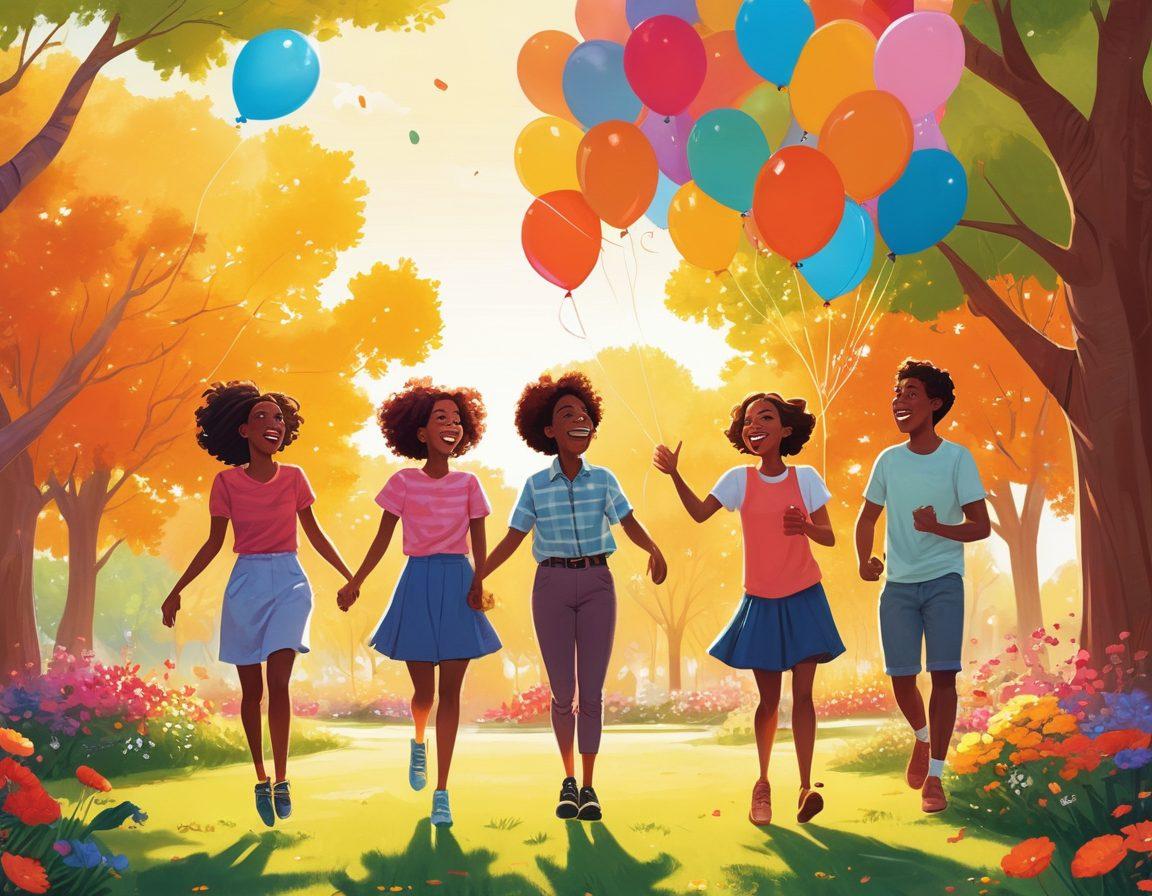 A vibrant scene capturing a group of diverse friends sharing uncontrollable laughter in a sunlit park, surrounded by whimsical trees and colorful flowers. Balloons float in the air, adding a playful touch, while comic-style speech bubbles filled with funny quotes hover around them. The atmosphere is joyful and full of life, illustrating the essence of humor and connection. cartoonish vibrant colors. sunny backdrop.